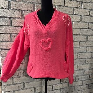 Vibrant Pink V-Neck Sweater with Balloon Sleeves
